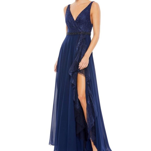 Mac Duggal Navy Lace Sequin Slit Beaded Waist Gown - Picture 1 of 3